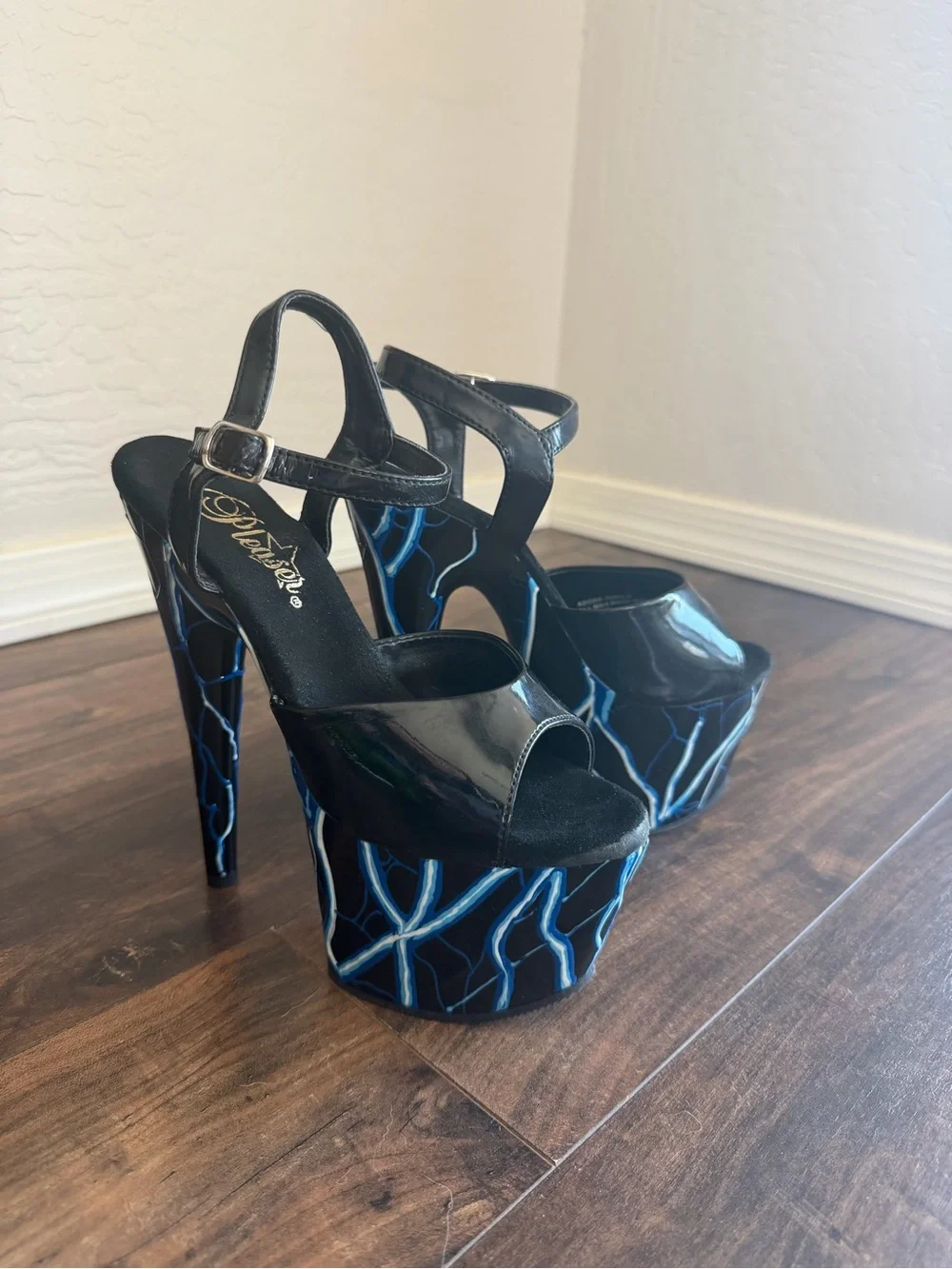 Black Pleaser Platform Heels with Blue Lightning Accent
